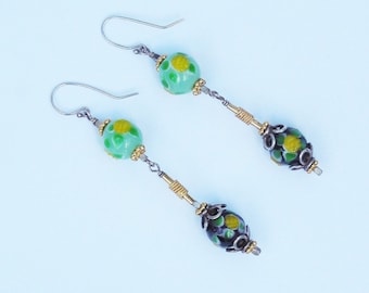 Green and Black Vintage Floral Bead Earrings