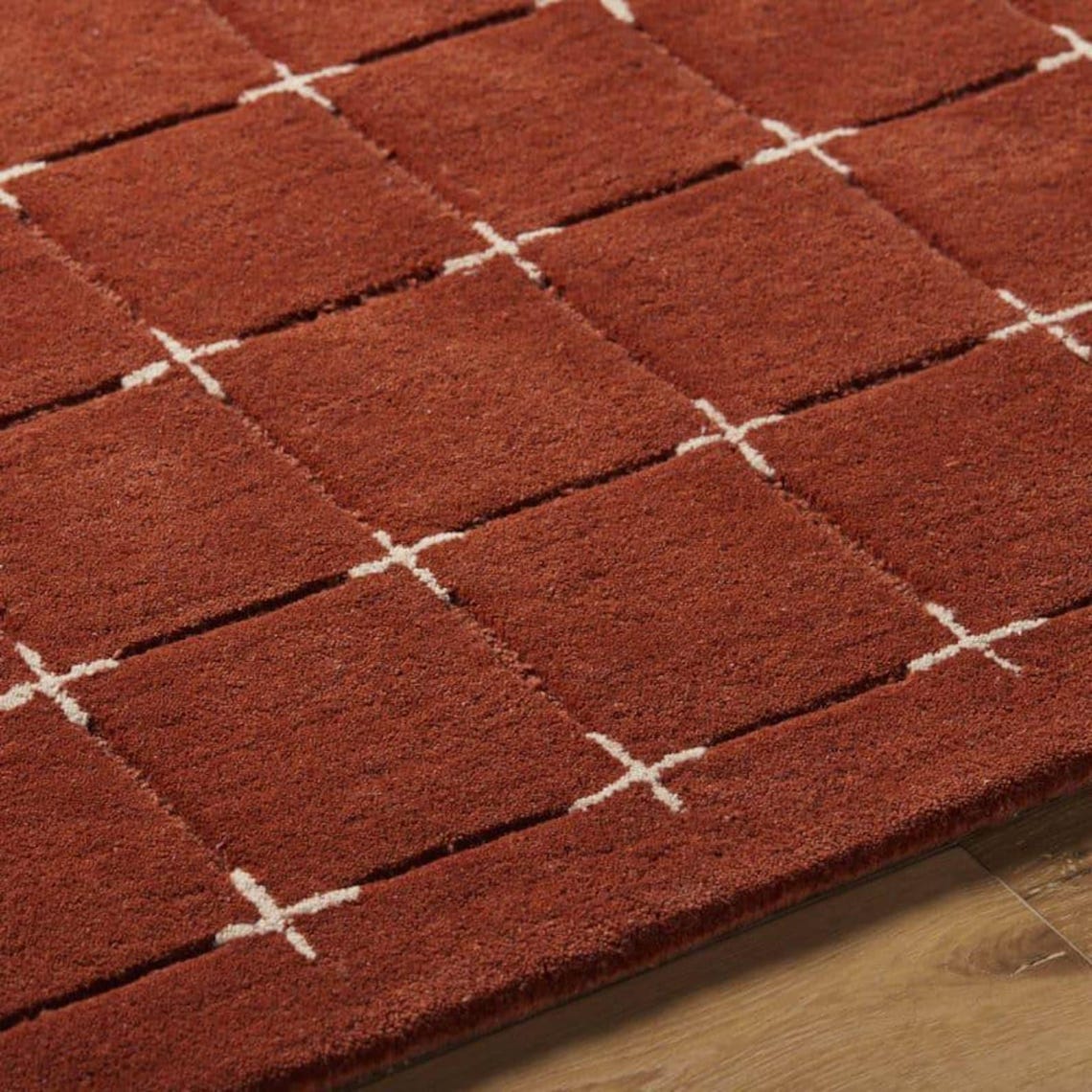Rust Red Wool Area Rug With Modern Grid Pattern I Hand Tufted ...