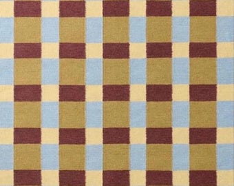 Handwoven Checkerboard Wool Cotton Rug: Blue, Mustard, Maroon
