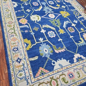 Hand Knotted Oushak Wool Rug 8x10: Vintage Blue Area Rug