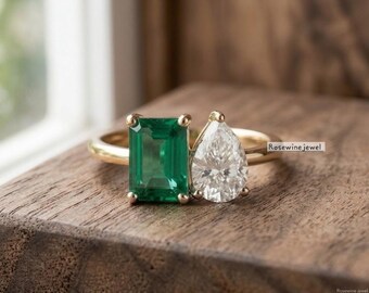 3.50ct Green Emerald & Pear Cut Moissanite Silver Ring, Toi et Moi Engagement Ring, Anniversary Gift, You and Me