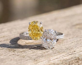 Yellow -White Oval Toi et Moi Moissanite Silver Ring, 4ct Diamond Engagement Anniversary Gift