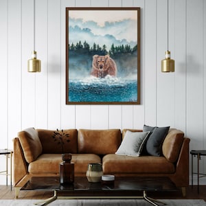 Stampa artistica acrilica di orso grizzly, dipinto di animali selvatici per l'arredamento di una baita, dipinto di animali della foresta, arte murale ispirata alla fauna selvatica, carta opaca classica