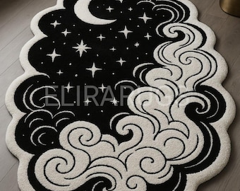 Hand-Tufted Celestial Moon Rug, Black Ivory Cloud Shape, Plush Wool Area Rug