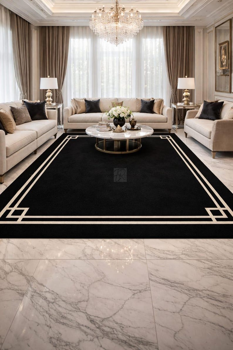 Modern Black Ivory Border Rug | Luxury Geometric Area Rug | Hand Tufted ...