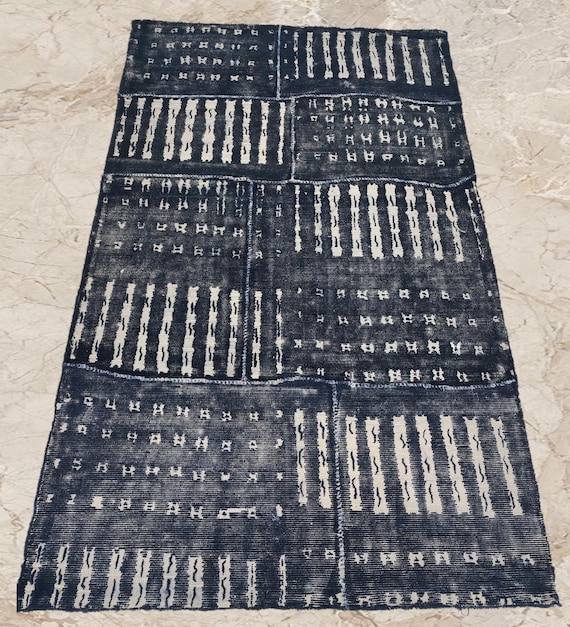 Handmade Vintage Style  Rug | Indigo Blue Patchwork Carpet | Boho Decor Area Rug | Tribal Pattern Floor Rug