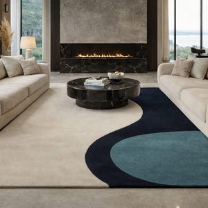 Hand Tufted Wool Area Rug, Cream, Navy & Teal Abstract Design