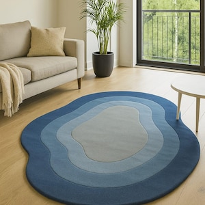 Wavy Blue Hand-Tufted Rug: Modern Abstract Wool Area Rug