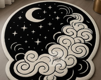 Hand Tufted Black White Rug Celestial Moon & Clouds Rug | | Aesthetic  Night Carpet | Irregular Shape Modern Home Decor