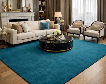 Hand-Tufted Wool Area Rug | Deep Teal Blue Plush Carpet