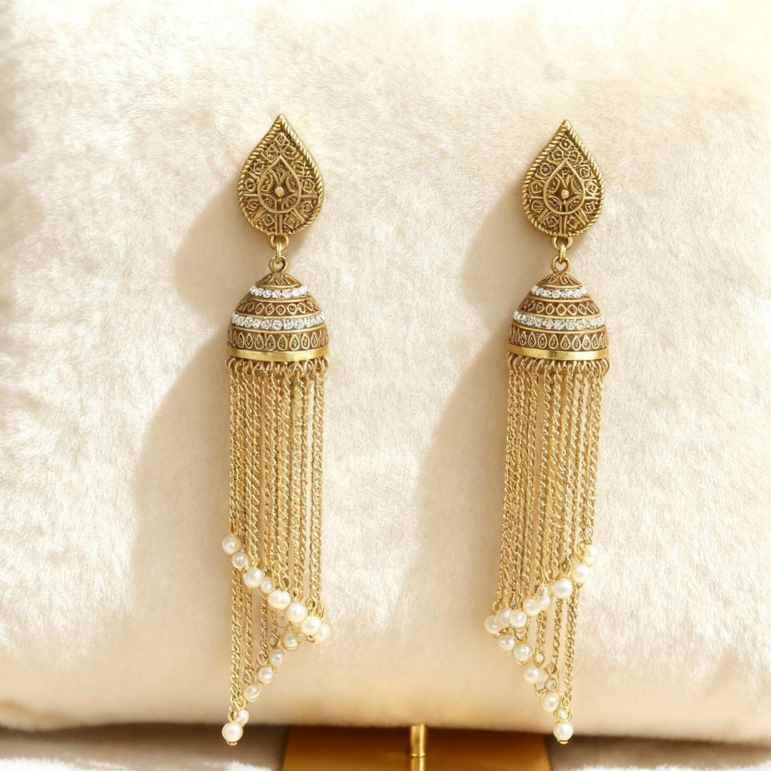 vintage-jhumka-earrings-gold-plated-copper-pearl-tassels-etsy