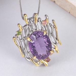Großer ovaler Amethyst-Zweiganhänger: CZ Diamant, zweifarbiges Sterlingsilber, Art-Deco-Halskette im italienischen Stil, Februar Geburtsstein