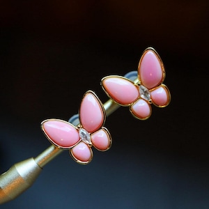 Unika rosa drottning Conch fjärilsörhängen med förgylld silver naturlig ädelsten handgjorda art déco-smycken present till henne rosa snäckskalvingar