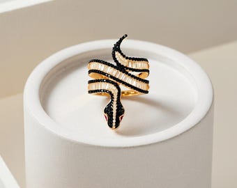 14K Gold Striped Snake Ring with Black CZ, Gothic Serpent Wrap Ring, Unique Reptile Jewelry for Women, Dark Glam Statement Gift