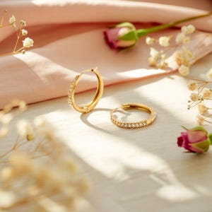 14K Solid Gold Round Huggie Hoop Earrings, Dainty Diamond Pavé Hoops, Everyday Minimalist Gold Earrings, Gift for Her