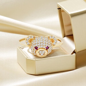 14K Gold Teddy Bear Ring with CZ, Cute Solid Gold Ring, Animal Jewelry Gift for Her, Sparkling Bear Ring, Kawaii Gold Jewelry
