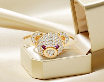 14K Gold Teddy Bear Ring with CZ, Cute Solid Gold Ring, Animal Jewelry Gift for Her, Sparkling Bear Ring, Kawaii Gold Jewelry