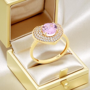 14K Gold Pink Heart Ring, CZ Pave Halo Statement Ring, Romantic Gold Promise Ring, Girly Gift, Cute Engagement Ring for Her