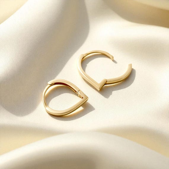 14K Solid Gold Minimalist Teardrop Hoop Earrings, Sleek Gold