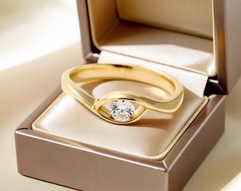 14K Evil Eye Diamond Ring, Solid Gold Good Luck Ring for Her, Dainty Boho Minimalist Jewelry, CZ Engagement Gift for Women