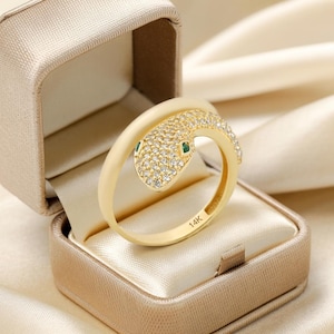 14K Gold Snake Ring with CZ, Emerald Eye Serpent Ring for Women, Unique Animal Jewelry, Solid Gold Statement Ring, Gift for Her