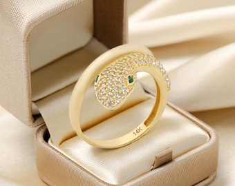 14K Gold Snake Ring with CZ, Emerald Eye Serpent Ring for Women, Unique Animal Jewelry, Solid Gold Statement Ring, Gift for Her