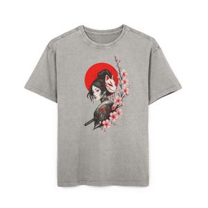 Oversize Tee, Japanese Geisha Illustration, Kitsune Mask Shirt, Streetwear Samurai Tee, Cherry Blossom Tattoo Art