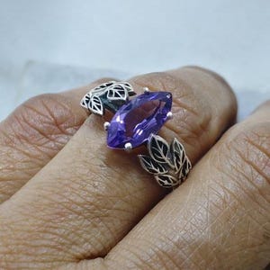 Silver Leaves Ring, Amethyst Ring, 925 Sterling Silver Ring, Wedding Ring, Women Flowers Ring, Anniversary Ring, Promise Ring, Stacking Ring