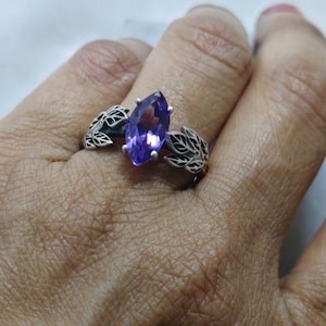Purple Amethyst Ring, Leaves Ring, 925 Sterling Silver Ring, Nature Inspired Ring, Wedding Ring, Birthday Ring, Stacking Ring, Gift For Her
