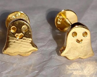 14K Gold Dainty Spooky cute Ghost Stud Earrings, Sparkly Silver Ghost Studs, Tiny Ghost Boo Accessories, Little Halloween Jewelry For Women