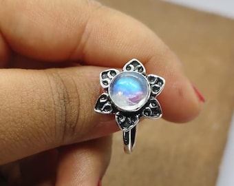 Rainbow Moonstone Ring, Sterling Silver Ring, Minimalist Ring, Gemstone Ring, June Birthstone Ring, Ring For Her, Gift Ring, Christmas Gifts