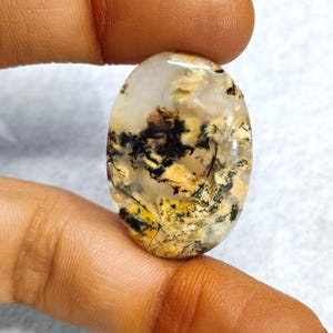 May include: An oval gemstone with a translucent, milky white base. The stone has intricate patterns of black, brown, and yellow inclusions, creating a unique, natural design. The gemstone is held between two fingers.