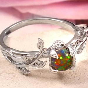 Black Fire Opal Ring Opal Engagement Ring Art Deco Twig Ring Branch Leaf Ring Black Stone Ring October Birthstone Ring weeding Band Gift.