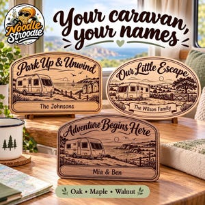 Personalisiertes Wohnwagenschild aus Holz, graviertes Namensschild aus Eiche, Ahorn oder Nussbaum