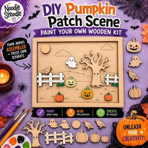 Paint Your Own Wooden Pumpkin Patch Scene, Halloween Craft Kit, Engraved DIY Autumn Decoration