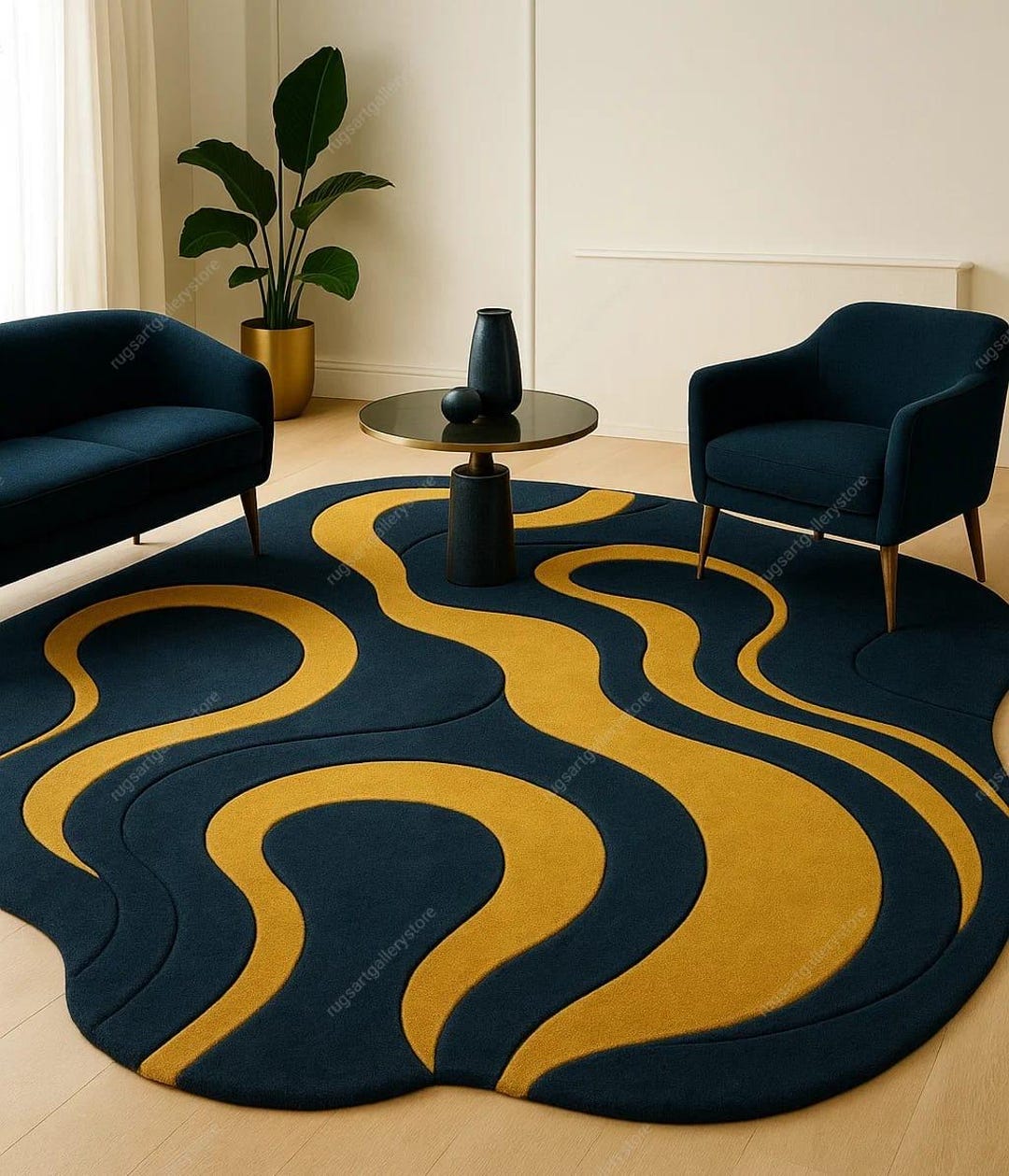 Navy Blue With Gold Abstract Design Handmade Wool Tufted Rug for ...