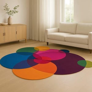 Circle Irregular Shape Rug Modern Abstract Round Carpet – Multicolor Designer Floor Mat for Living Room, Kids Room, or Studio 100% Wool