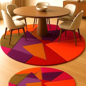 Hand Made Carpet Round Geometric  Modern Colorful Circle Carpet Bold Abstract Design for Living Room, Bedroom, or Office Décor 100% Wool