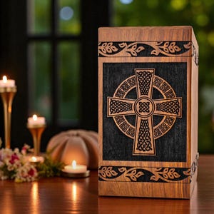 Urna de cremación de palisandro con cruz - Caja de recuerdo conmemorativa artesanal