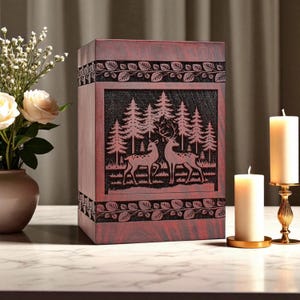 Engraved Wooden Deer Cremation Urn for Human Ashes – Rustic Funeral Urn for Adult Male or Female – Decorative Burial Memorial Box