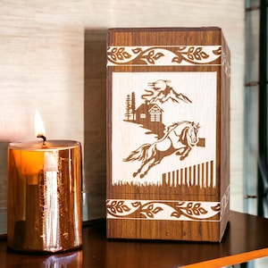 Handmade Horse Scenery Cremation Urn – Wooden Memorial Urn for Adult Male Ashes, Dad Keepsake or Pet Burial Box