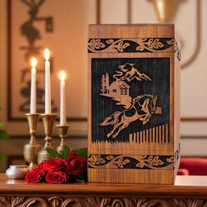 Handmade Horse Cremation Urn with Mountain Design – Large Engraved Funeral Urn for Human Ashes, Adult Burial Memorial Keepsake