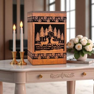 Engraved Wooden Deer Cremation Urn: Rustic Rosewood Memorial Box