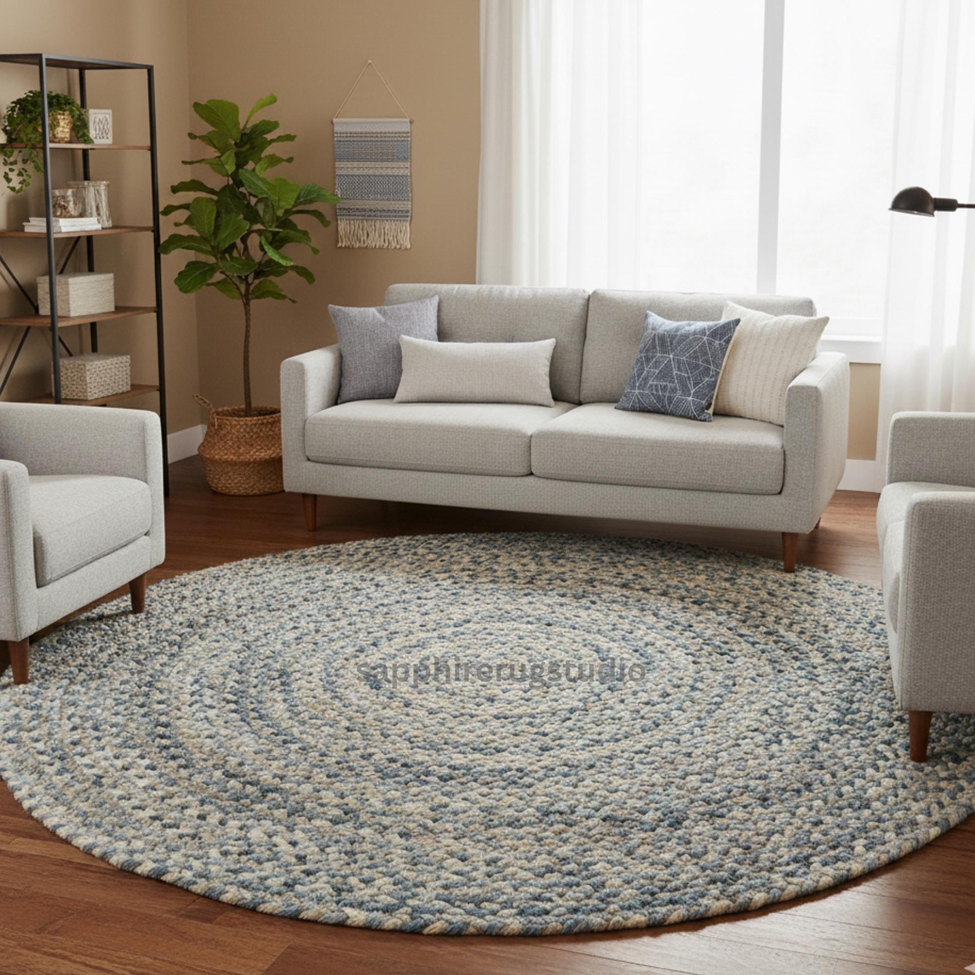 Handmade Braided Round Rug: Blue & Beige Farmhouse Boho Style - Etsy