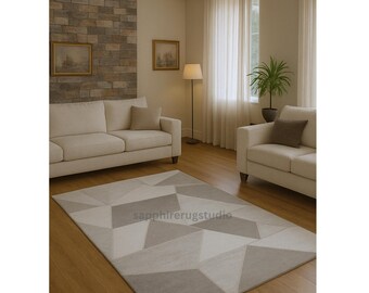 Modern Geometric Area Rug: Neutral Beige & Gray, Soft Plush Decor