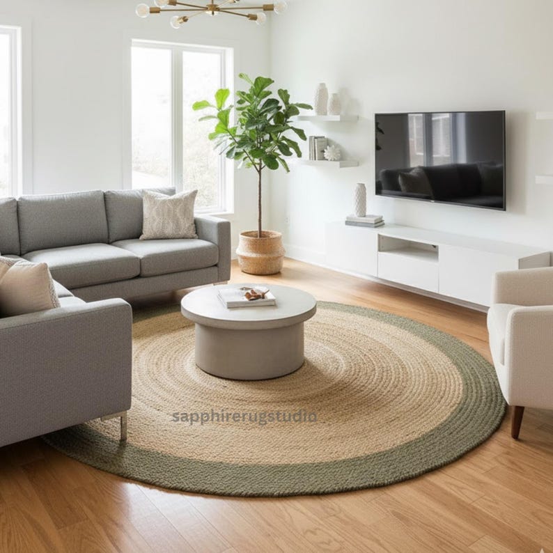 May include: A round jute rug with a natural tan center and a sage green border. The rug is in a living room setting with gray furniture, a coffee table, and a potted plant. The rug is a decorative floor covering.