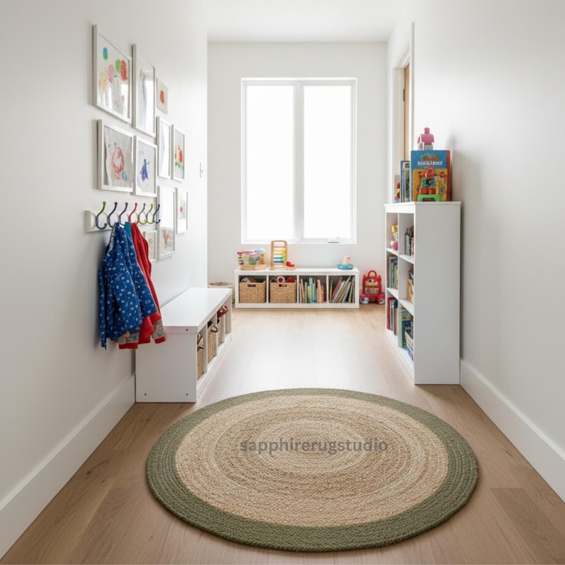 May include: A round jute rug with a green border sits on a hardwood floor in a hallway. The rug has a natural beige center and a green outer edge. The hallway features white walls, a bench, and children's artwork.