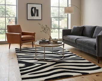 Hand-Tufted Zebra Print Rug: Black & White Wool Area Carpet