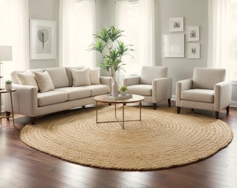 Neutral Braided Jute Round Rug | Handmade Natural Area Rug for Modern Home Décor