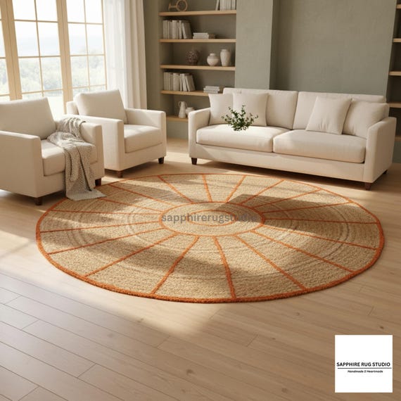 Handwoven Round Jute Rug Sunburst Pattern in Natural & Orange  Boho , Coastal Living Room Decor